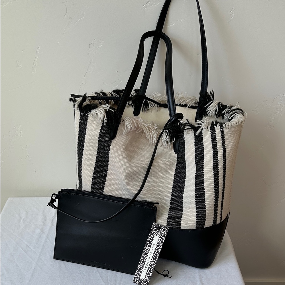 Loeffler Randall Black and White Striped Canvas & Leather Beach Tote